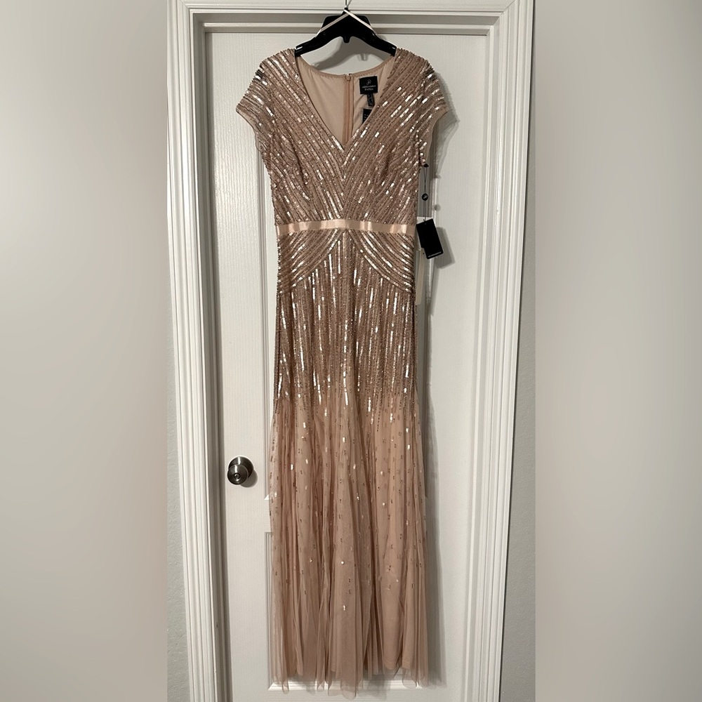Adrianna Papell Women's Beaded V-Neck Dress with Cap Sleeves and Waistband.
